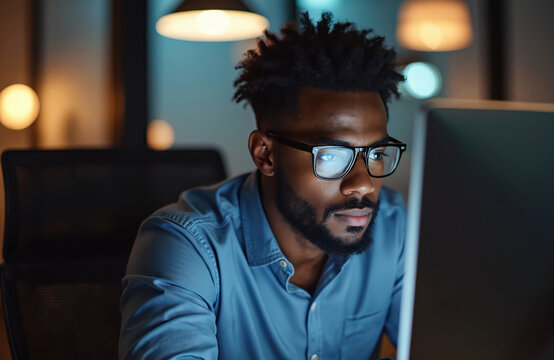 African american man wears glasses, works late night on computer in modern office. Focused businessman types on keyboard, screen reflects on his lenses. Busy person at desk.