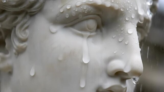 Marble man statue with water simulating cry droplets moving and dripping on face, pseudoscientific footage