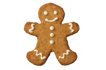 Gingerbread man cookie with white icing creating a smile and button details, a sweet dessert on a transparent background