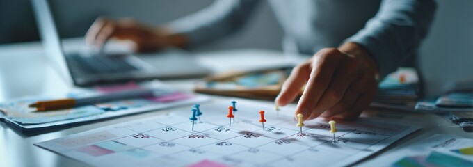 Person planning schedule using calendar and pushing colored pins.