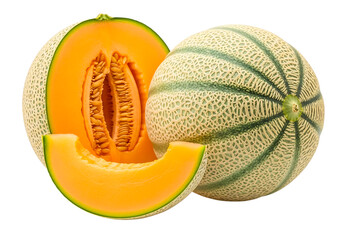 Cantaloupe melon isolated on transparent background, with a slice cut open