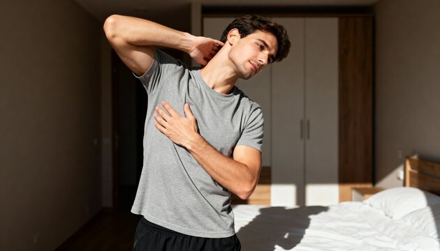 Young man stretching his neck in a sunlit bedroom in the morning. Healthy lifestyle and wellness routine for muscle pain relief - Powered by Adobe