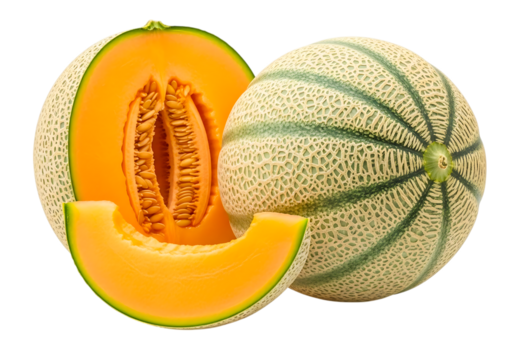 Cantaloupe melon isolated on transparent background, with a slice cut open