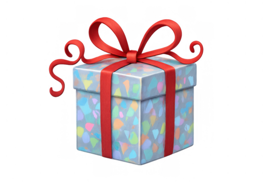 Gift box with shiny colorful confetti textures and red ribbon bow, celebrating holidays and special occasions - Powered by Adobe