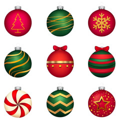 A set of glossy 3D-style Christmas bauble icons in classic red, green, and gold tones with various festive patterns: snowflake, Christmas tree, stripes, bows, and zigzags.
