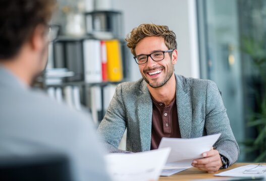 Smiling man in glasses reviews documents with another person indoors. - Powered by Adobe