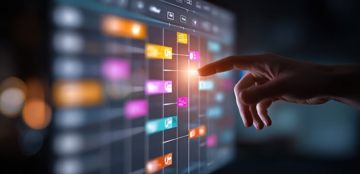 Finger touching glowing interface elements on a dark screen.