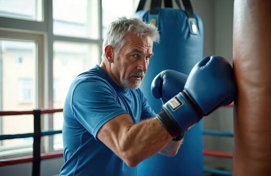 An elderly man practices boxing in gym. Senior boxer hits a punching bag wearing blue gloves. The old athlete trains to keep fit and healthy in a boxing hall.