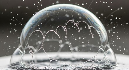 Soap bubble with splashes of water on dark surface  