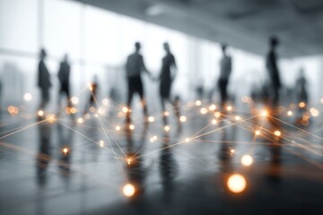 Silhouettes of people connected by glowing network points on floor