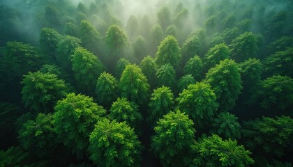 Aerial view of rich green forest canopy with mist rolling through pine trees. Sunlight filters through fog creating serene natural environment. Dense woodland represents nature, growth, ecological