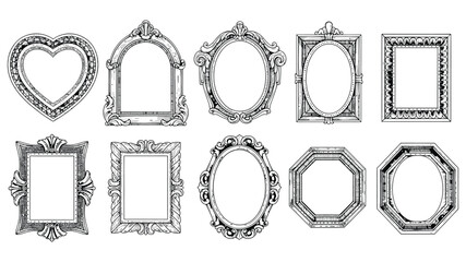 Collection of ornate vintage decorative picture frames in various shapes and styles
