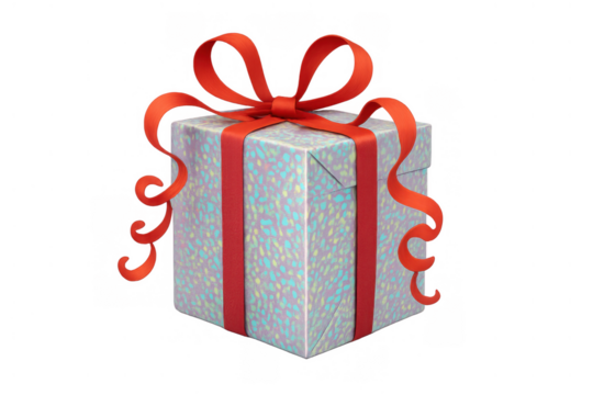 Gift box with colorful wrapping paper and a red ribbon bow for festive celebrations and special occasions