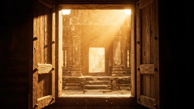 Sun rays shining through ancient temple window with dust particles in a mysterious interior for historical discovery footage