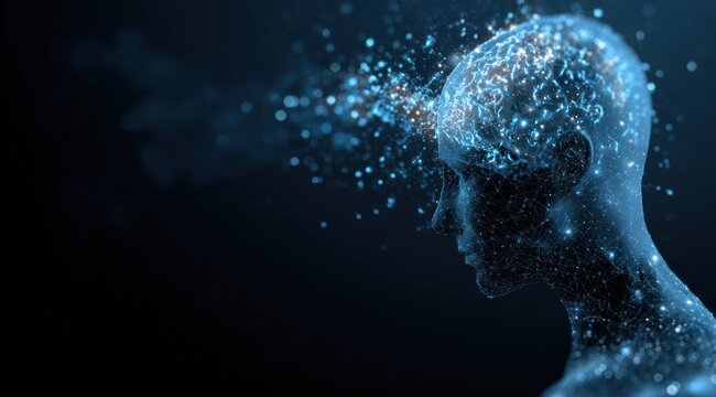 Digital human head profile with glowing particle data streams abstractly emerging