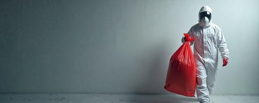 Person in white protective suit walks with red biohazard bag. Worker in full PPE carries medical garbage for disposal. Man in mask, gloves cleans up infectious waste during pandemic. Laboratory pro
