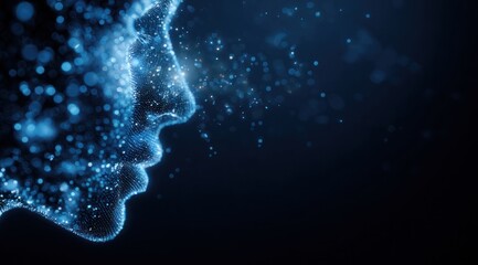 Profile of a head made of glowing blue digital particles