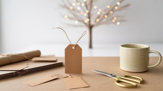 Minimalist flat lay kraft gift tags with twine & brown envelopes — eco-friendly holiday gift-wrapping mockup for Etsy/Shopify with gold scissors & bokeh lights
