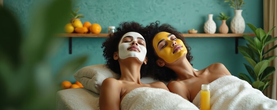 Two young women with face masks relax side by side. They are covered with white towels, resting after beauty treatments. A bottle of juice sits nearby, next to some oranges and lemons on a shelf.