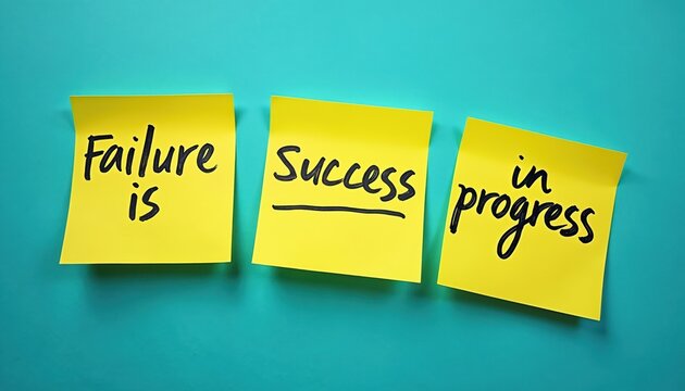 Three yellow sticky notes with handwritten text on blue background. Notes read Failure is Success in progress. Inspirational quote for motivation and business concept.