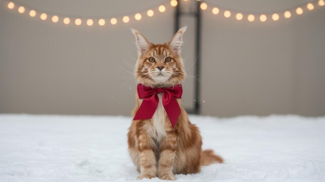 Ginger Maine Coon Cat in Red Satin Bow on Snow — Christmas Holiday Portrait with Warm Bokeh & Copy Space - Powered by Adobe
