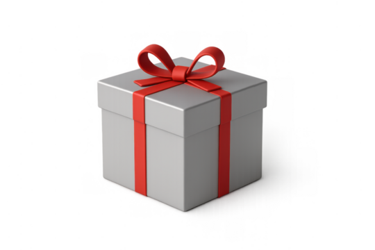 Silver gift box tied with red ribbon, symbolizing celebrations, holidays, anniversaries, and special surprise events