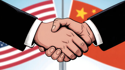 USA and China handshake illustration, political agreement concept, US and Chinese flags background, international diplomacy, business partnership, vector style.