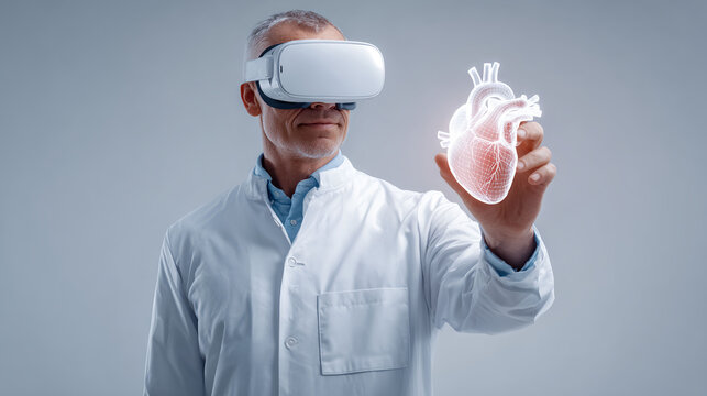 A medical professional wearing a VR headset examines a detailed 3D model of a human heart, showcasing advancements in technology for education and research in healthcare