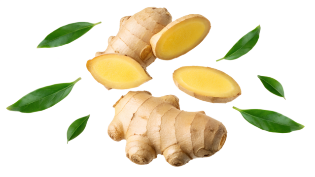 ginger roots isolated on transparent white background full depth of field clipping path