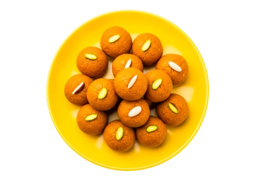 Motichoor laddu isolated on transparent background, a popular indian sweet dish