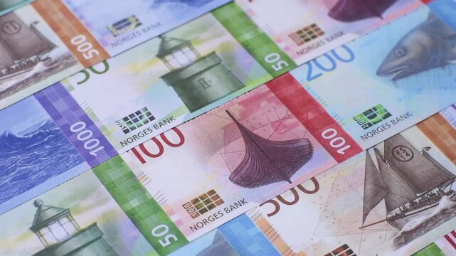 Money, currency of Norway, Norwegian krone banknotes of various denominations. Norway, Norwegian money as a financial background for your design.