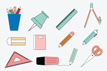 collection of icons related to stationery, school, office stationery, pencils, books, rulers