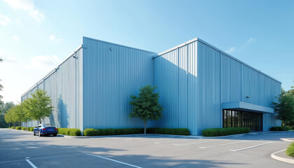 Fototapeta premium Light blue corrugated metal industrial building with a vast empty parking lot on a bright sunny day. Plants surrounds the modern commercial structure with a clean, pro exterior.