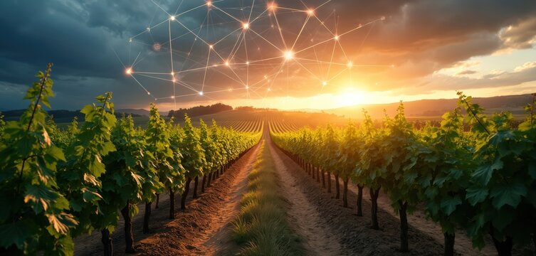 Scenic photo shows vineyard with digital network overlay. Concept of smart farming tech in agriculture. Lines connect across the plants during sunset. Agriculture innovation future.