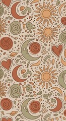 Fototapeta premium Bohemian Harmony: A captivating illustration featuring celestial bodies and natural elements, radiating warmth, earthiness, and a touch of whimsy.