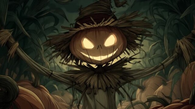 Spooky Halloween Scarecrow with glowing pumpkin head surrounded by pumpkins and corn stalks at night, horror digital art