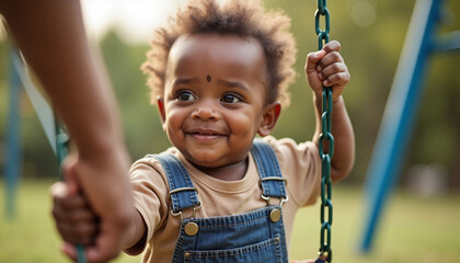 Adorable infant enjoying swing set on beautiful day. Happy infant with bright eyes and curly hair, wearing cute blue overalls, enjoys playing on swing set with parent.