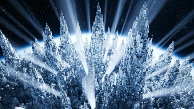 Animated crystalline structure emerging in deep space. Glowing icy spikes with radiant light beams bursting outward. Sci-fi cosmic formation pulsing in starry void for futuristic visualization
