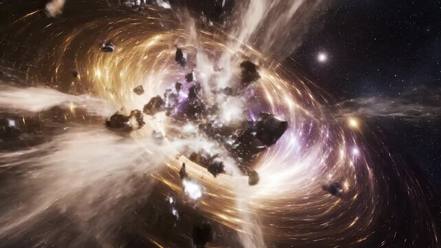 Spaceship approaching swirling black hole in deep space. Debris ejection and cosmic destruction during wormhole entry. Science fiction adventure footage.