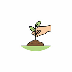 Hand planting a small sprout in soil on a green hill with leaves visible
