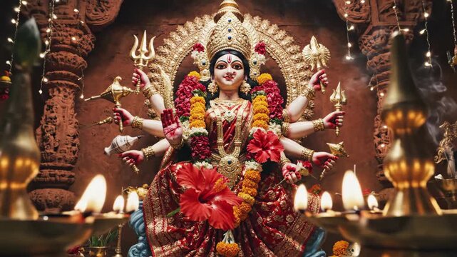 Goddess Durga Maa Idol with Multiple Arms and Traditional Attire for Indian Festival Celebration.