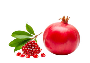 Fresh pomegranate with seeds and green leaves isolated on transparent background