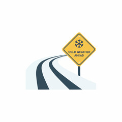 Yellow cold weather ahead sign with snowflake on snowy road illustration