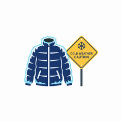 Illustration of a blue winter jacket and a cold weather caution sign post