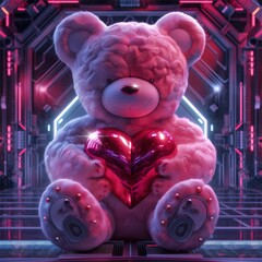 Futuristic fluffy teddy bear with heart in futuristic background, Valentine&rsquo;s Day&rsquo;s holiday card