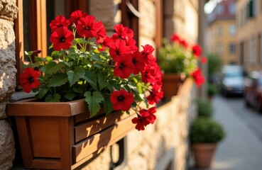 Fototapeta premium Red petunias blooming in wooden window boxes on a sunny street scene