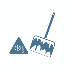Illustration of a snow shovel with icicles and a cold weather warning sign