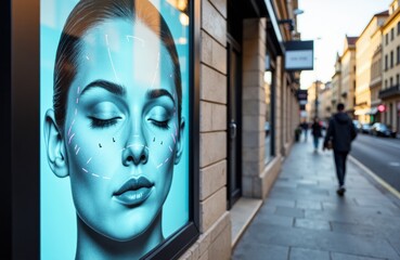 Woman with closed eyes and facial markings displayed on a city street window