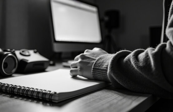 Person working at a desk with a computer and gaming controller in a monochrome setting
