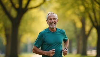 Smiling senior man with grey beard runs in park. Healthy mature male athlete enjoys jogging for cardio fitness. Active older person exercises outdoors leading energetic lifestyle, looking strong,